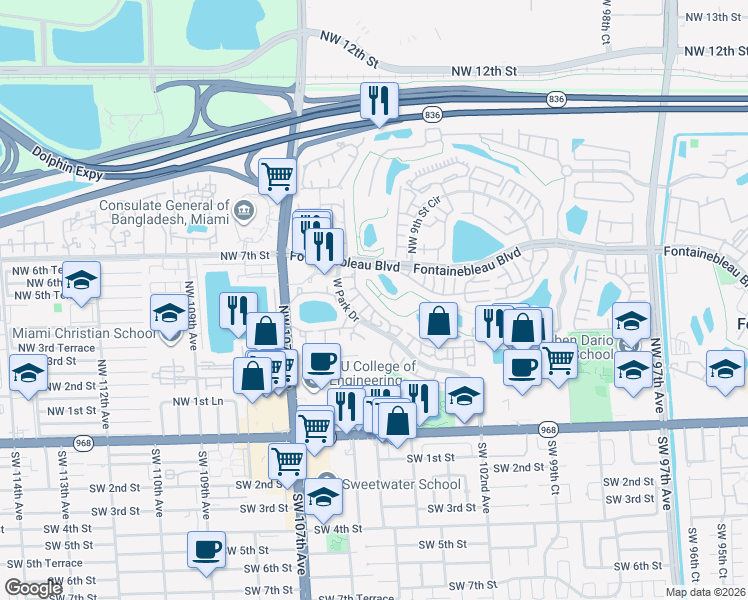 map of restaurants, bars, coffee shops, grocery stores, and more near 655 West Park Drive in Miami