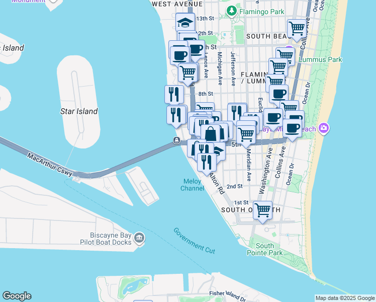 map of restaurants, bars, coffee shops, grocery stores, and more near 450 Alton Road in Miami Beach