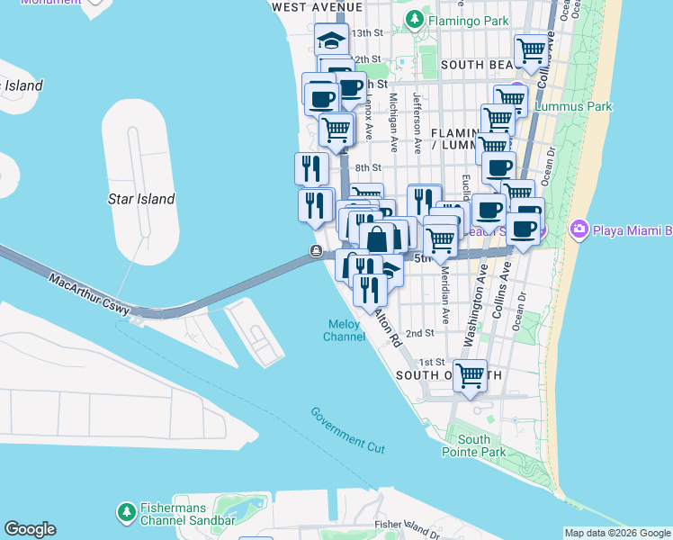 map of restaurants, bars, coffee shops, grocery stores, and more near 1123 5th Street in Miami Beach