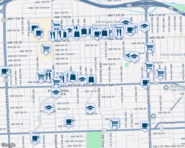 map of restaurants, bars, coffee shops, grocery stores, and more near 200 Northwest 32nd Court in Miami