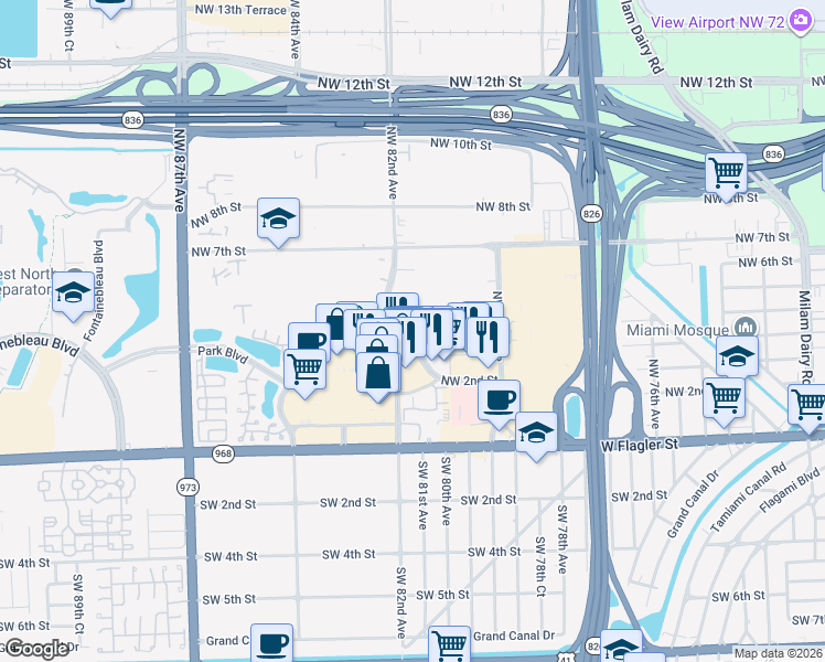 map of restaurants, bars, coffee shops, grocery stores, and more near 471 Northwest 82nd Avenue in Miami