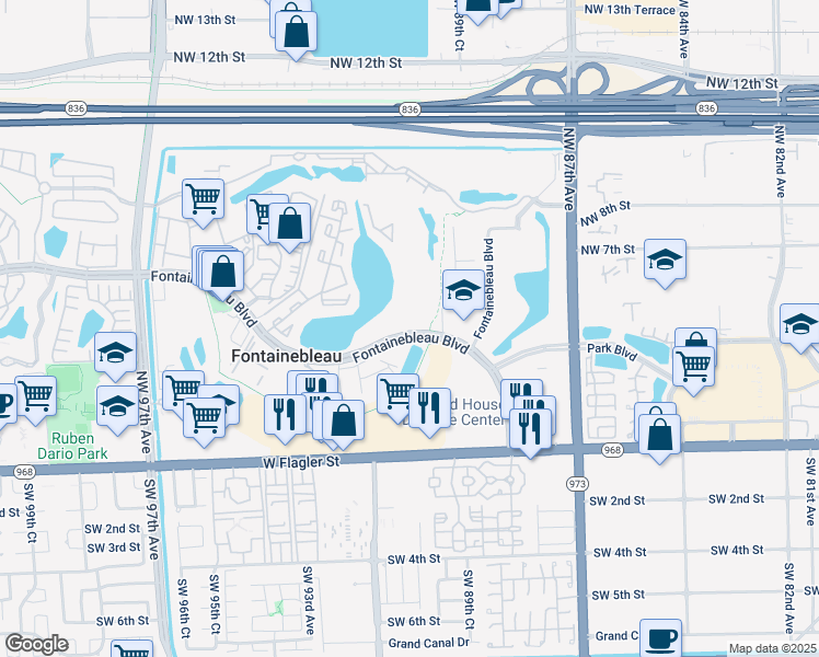 map of restaurants, bars, coffee shops, grocery stores, and more near Fontainebleau Boulevard in Miami