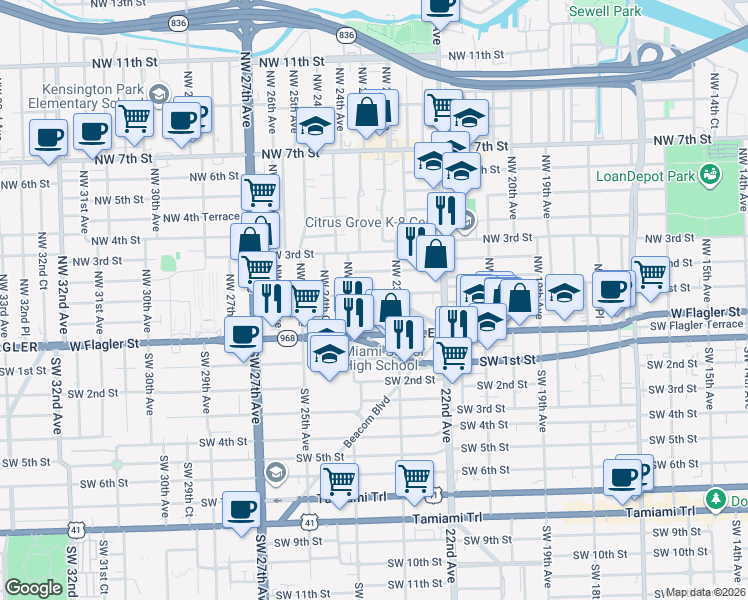 map of restaurants, bars, coffee shops, grocery stores, and more near 2313 Northwest 1st Street in Miami
