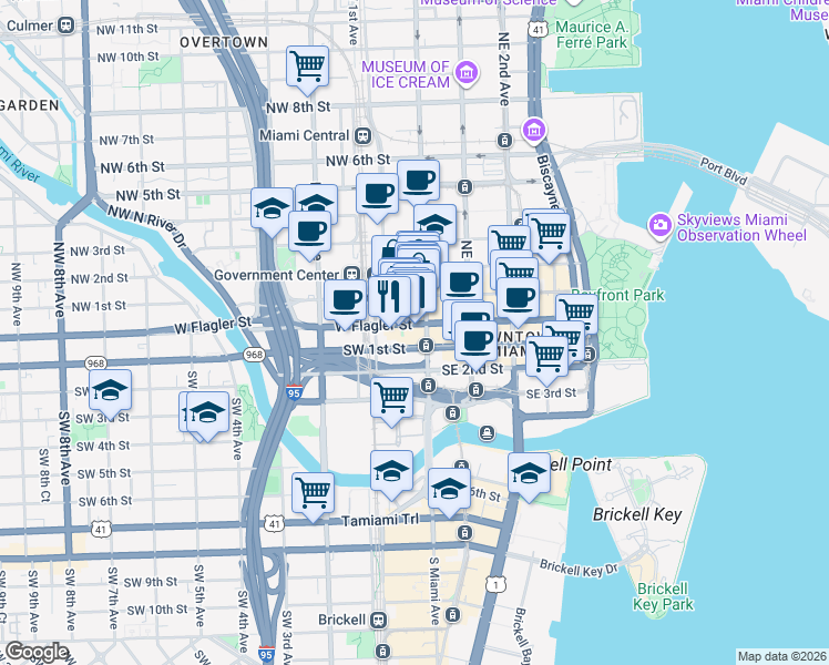map of restaurants, bars, coffee shops, grocery stores, and more near 17 Northwest Miami Court in Miami