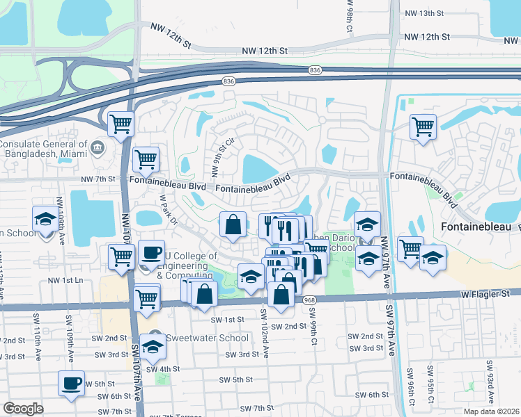 map of restaurants, bars, coffee shops, grocery stores, and more near 10102 Northwest 6th Terrace in Miami