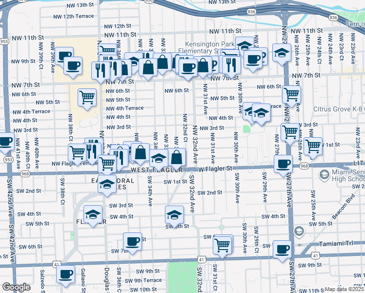 map of restaurants, bars, coffee shops, grocery stores, and more near 200 Northwest 32nd Court in Miami