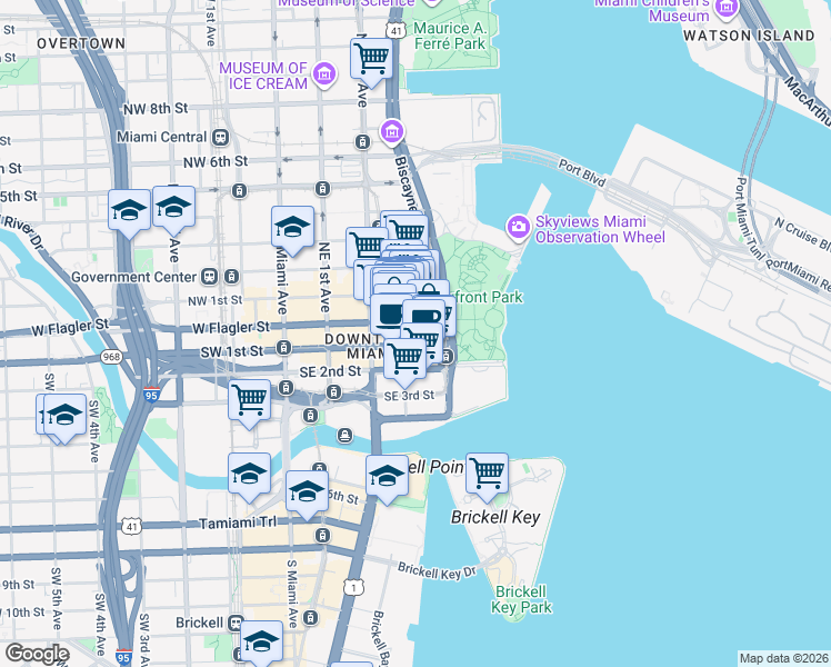 map of restaurants, bars, coffee shops, grocery stores, and more near 3 Northeast 3rd Avenue in Miami