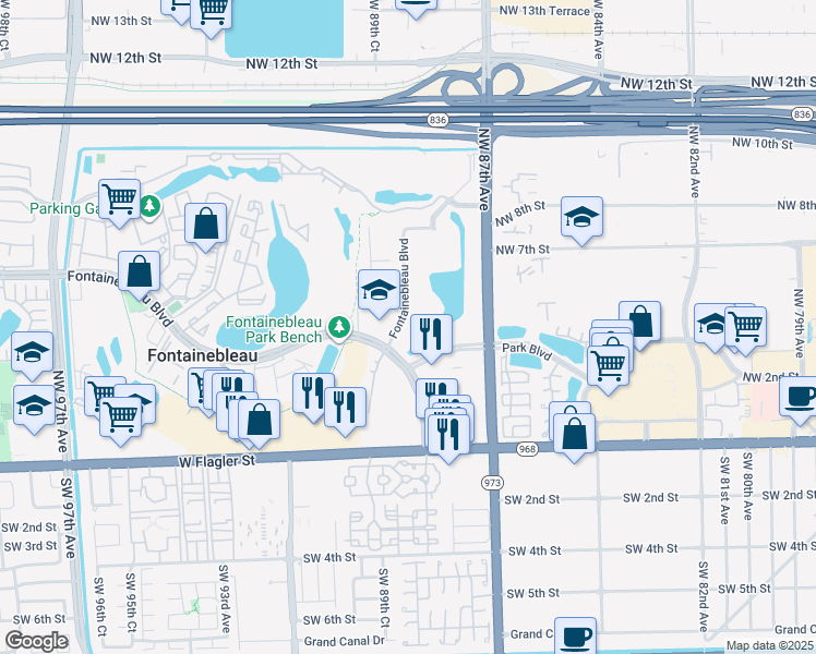 map of restaurants, bars, coffee shops, grocery stores, and more near 8871 Fontainebleau Boulevard in Miami
