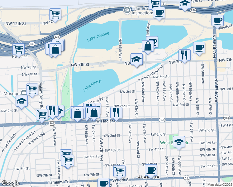 map of restaurants, bars, coffee shops, grocery stores, and more near 301 Northwest 65th Avenue in Miami
