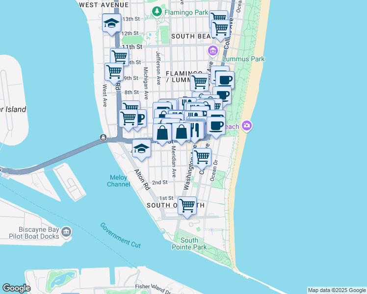 map of restaurants, bars, coffee shops, grocery stores, and more near 607 5th Street in Miami Beach