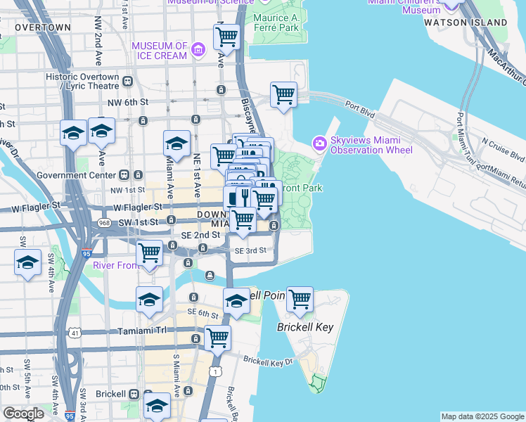 map of restaurants, bars, coffee shops, grocery stores, and more near 3 Northeast 3rd Avenue in Miami