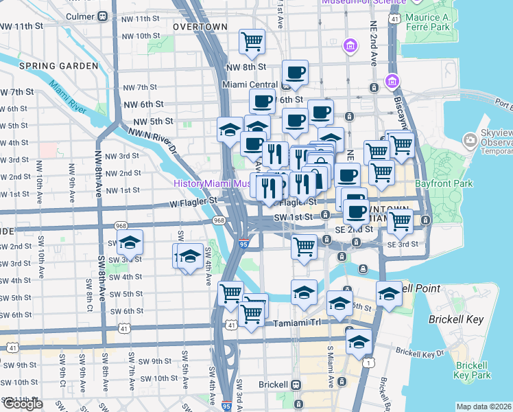 map of restaurants, bars, coffee shops, grocery stores, and more near 41 Northwest 2nd Avenue in Miami