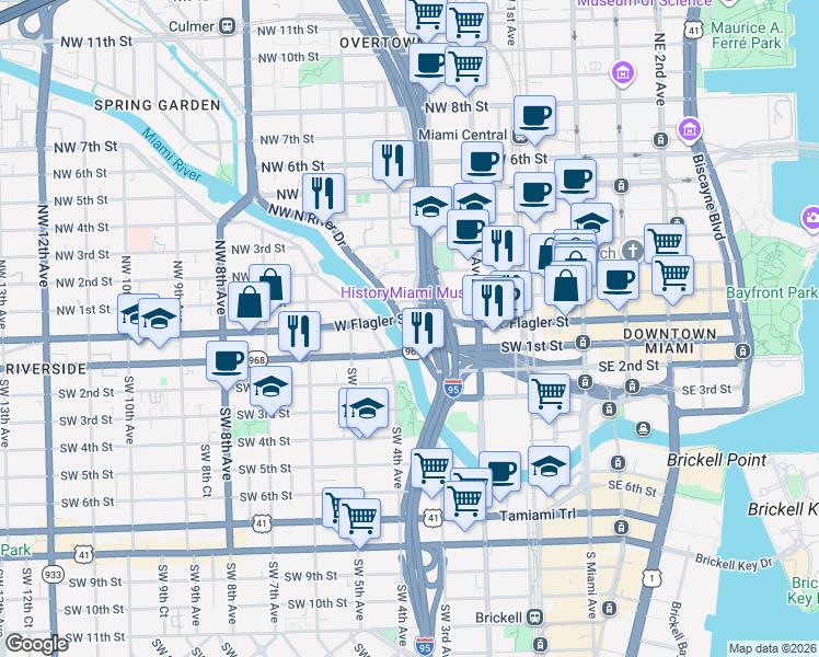 map of restaurants, bars, coffee shops, grocery stores, and more near 25 Northwest North River Drive in Miami