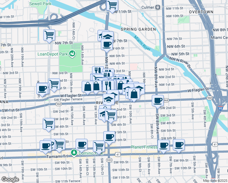 map of restaurants, bars, coffee shops, grocery stores, and more near 1157 Northwest 1st Street in Miami