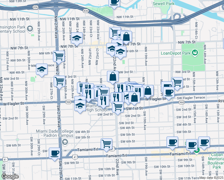 map of restaurants, bars, coffee shops, grocery stores, and more near 2253 Northwest 1st Street in Miami