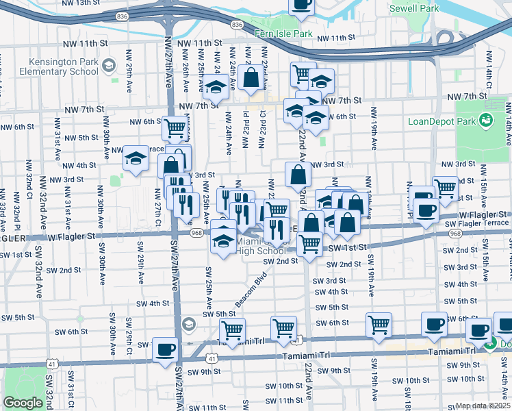 map of restaurants, bars, coffee shops, grocery stores, and more near 2313 Northwest 1st Street in Miami