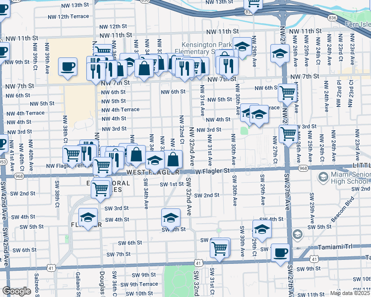 map of restaurants, bars, coffee shops, grocery stores, and more near 200 Northwest 32nd Court in Miami