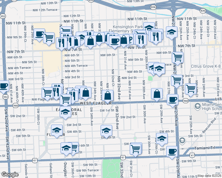 map of restaurants, bars, coffee shops, grocery stores, and more near 200 Northwest 32nd Court in Miami