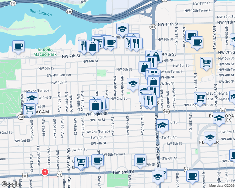 map of restaurants, bars, coffee shops, grocery stores, and more near 274 Northwest 45th Avenue in Miami