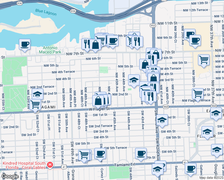 map of restaurants, bars, coffee shops, grocery stores, and more near 274 Northwest 45th Avenue in Miami