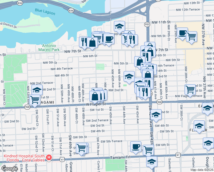 map of restaurants, bars, coffee shops, grocery stores, and more near 274 Northwest 45th Avenue in Miami
