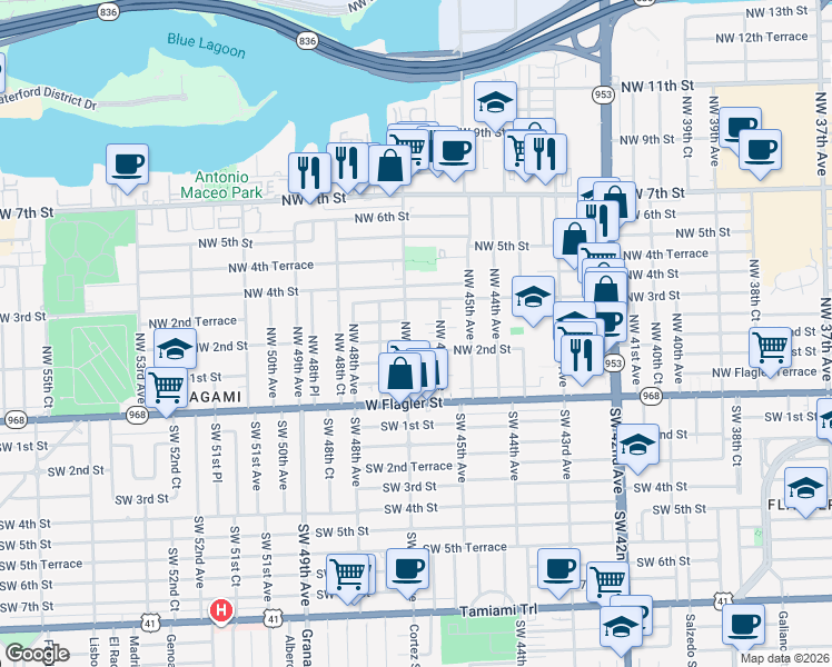 map of restaurants, bars, coffee shops, grocery stores, and more near 4653 Northwest 2nd Terrace in Miami