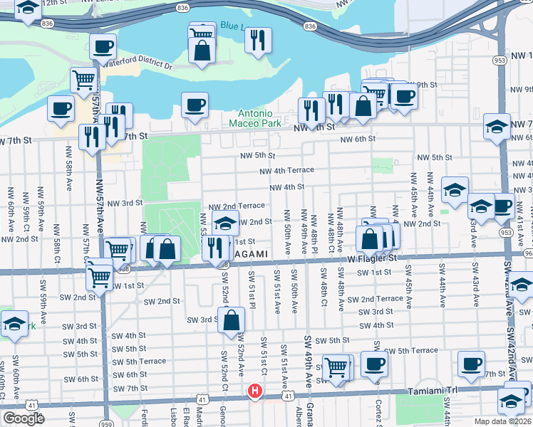 map of restaurants, bars, coffee shops, grocery stores, and more near 5111 Northwest 2nd Terrace in Miami