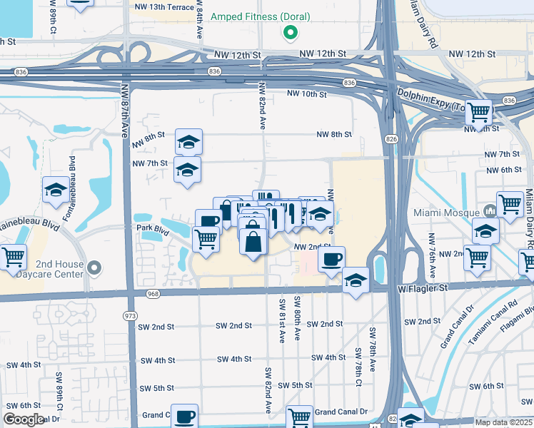 map of restaurants, bars, coffee shops, grocery stores, and more near 471 Northwest 82nd Avenue in Miami