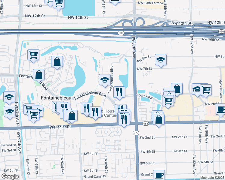 map of restaurants, bars, coffee shops, grocery stores, and more near 8871 Fontainebleau Boulevard in Miami