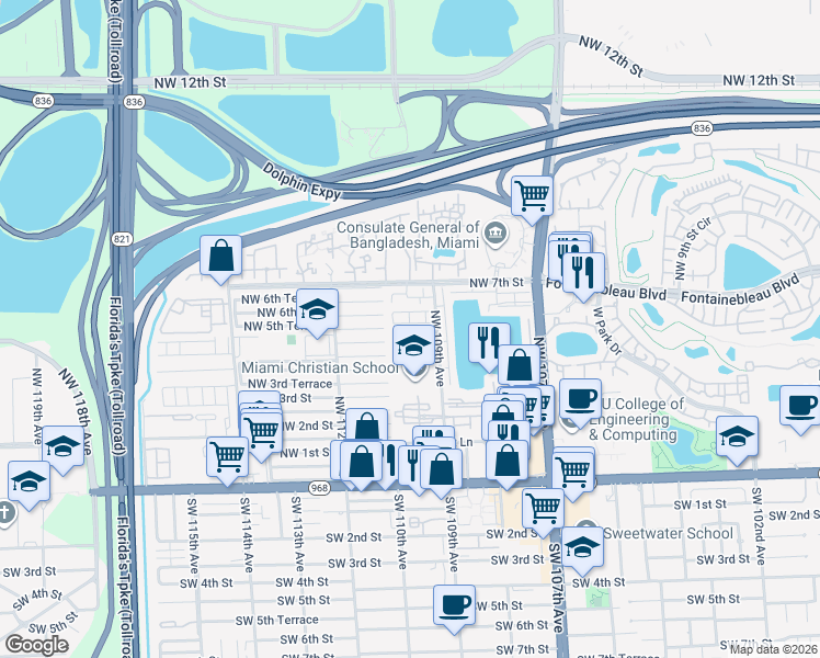 map of restaurants, bars, coffee shops, grocery stores, and more near 550 Northwest 109th Avenue in Miami