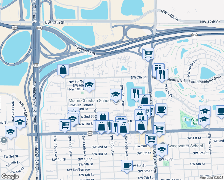 map of restaurants, bars, coffee shops, grocery stores, and more near 550 Northwest 109th Avenue in Miami