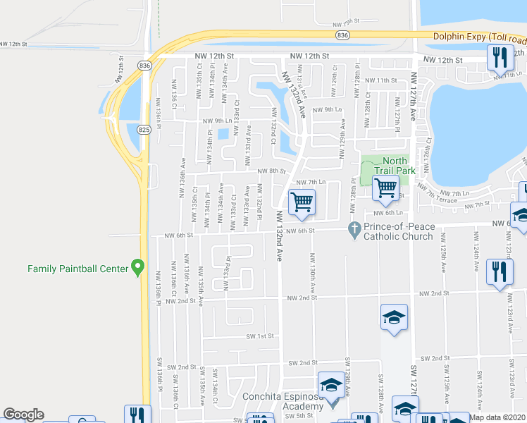 map of restaurants, bars, coffee shops, grocery stores, and more near 718 Northwest 132nd Place in Miami