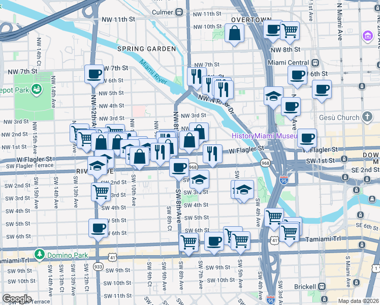 map of restaurants, bars, coffee shops, grocery stores, and more near in Miami