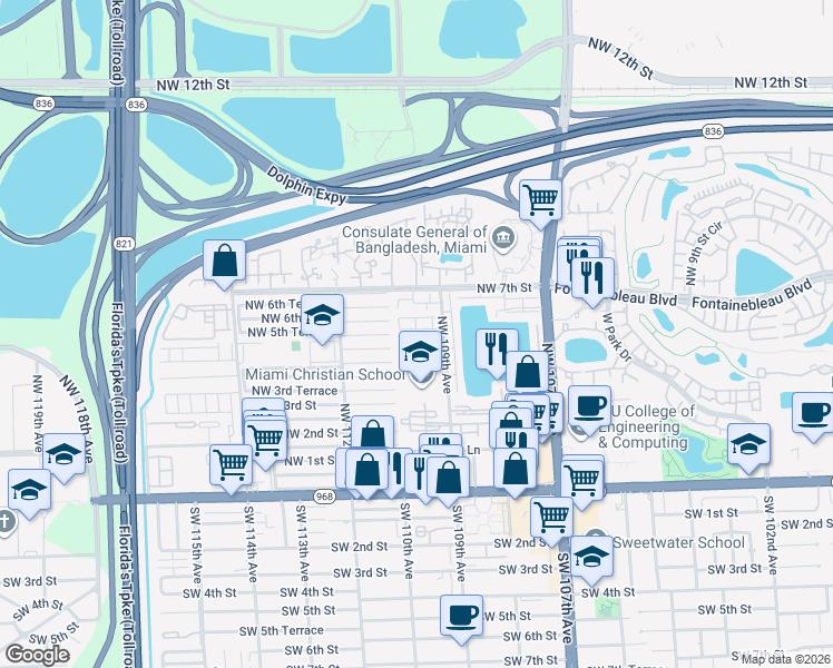 map of restaurants, bars, coffee shops, grocery stores, and more near 550 Northwest 109th Avenue in Miami