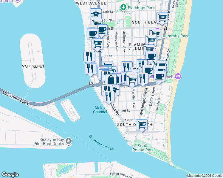 map of restaurants, bars, coffee shops, grocery stores, and more near 1029 5th Street in Miami Beach