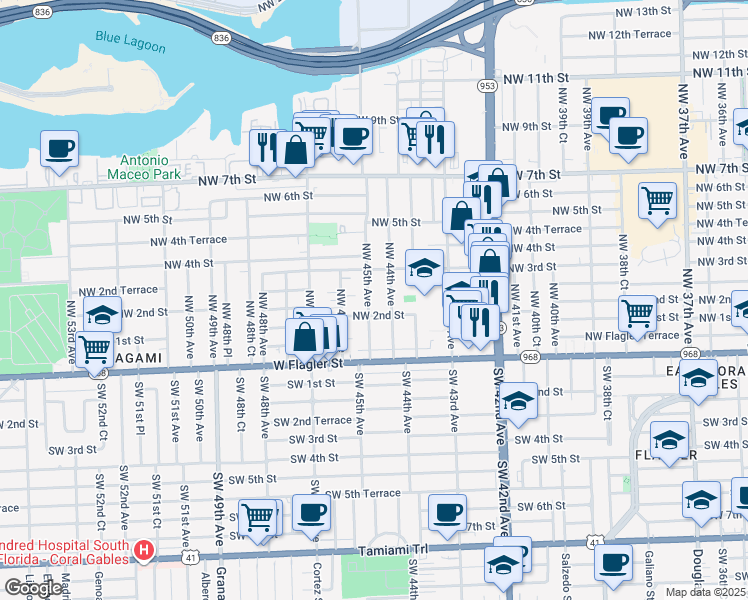 map of restaurants, bars, coffee shops, grocery stores, and more near 274 Northwest 45th Avenue in Miami