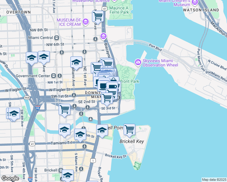 map of restaurants, bars, coffee shops, grocery stores, and more near 2 South Biscayne Boulevard in Miami