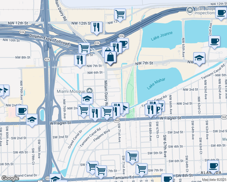 map of restaurants, bars, coffee shops, grocery stores, and more near 399 Northwest 72nd Avenue in Miami
