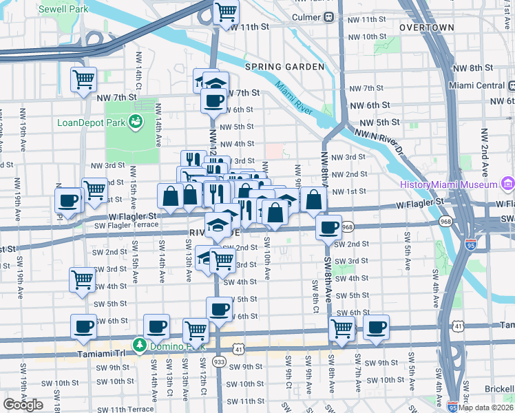 map of restaurants, bars, coffee shops, grocery stores, and more near 1055 Northwest 1st Street in Miami