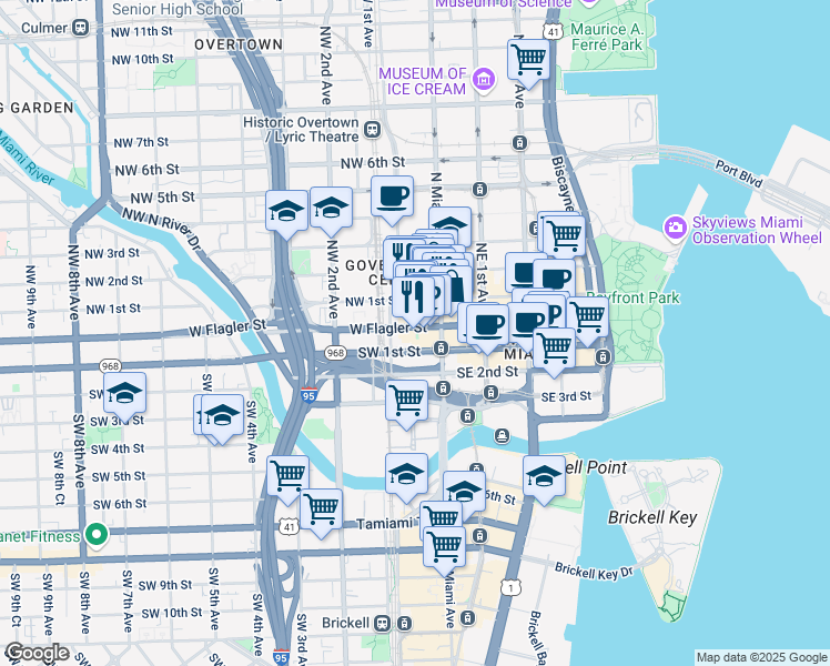 map of restaurants, bars, coffee shops, grocery stores, and more near 17 Northwest Miami Court in Miami