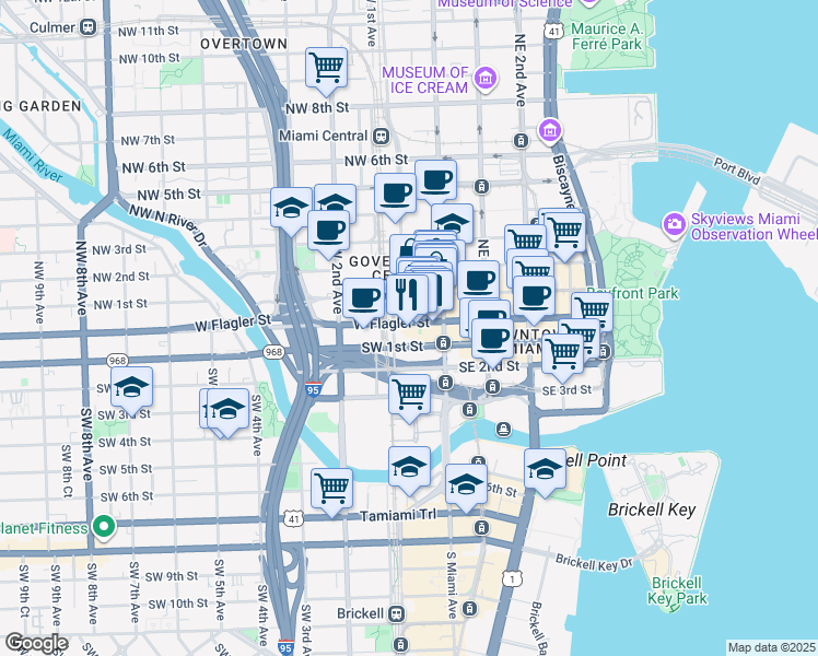 map of restaurants, bars, coffee shops, grocery stores, and more near 17 Northwest Miami Court in Miami