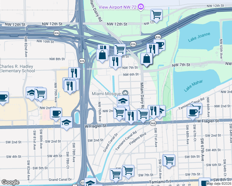 map of restaurants, bars, coffee shops, grocery stores, and more near 420 Northwest 74th Avenue in Miami
