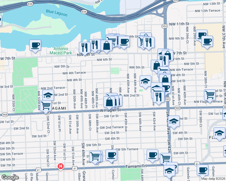 map of restaurants, bars, coffee shops, grocery stores, and more near 4653 Northwest 2nd Terrace in Miami