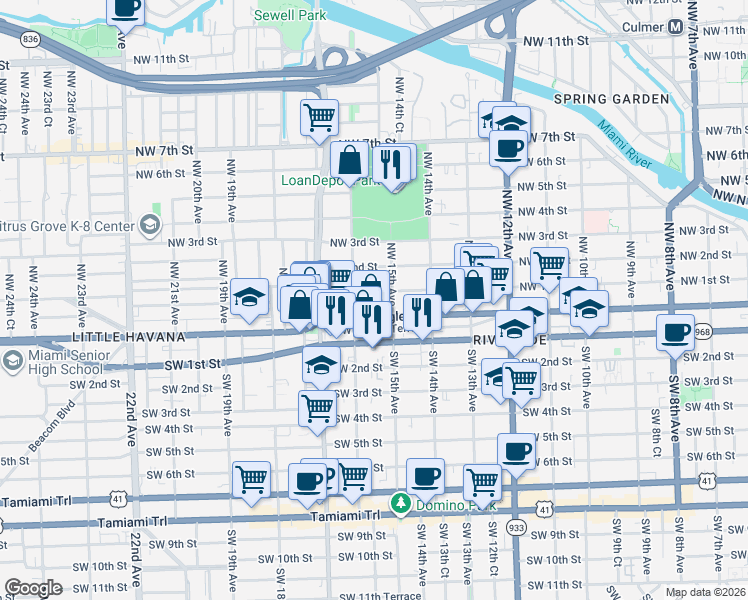 map of restaurants, bars, coffee shops, grocery stores, and more near 1511 Northwest 1st Street in Miami