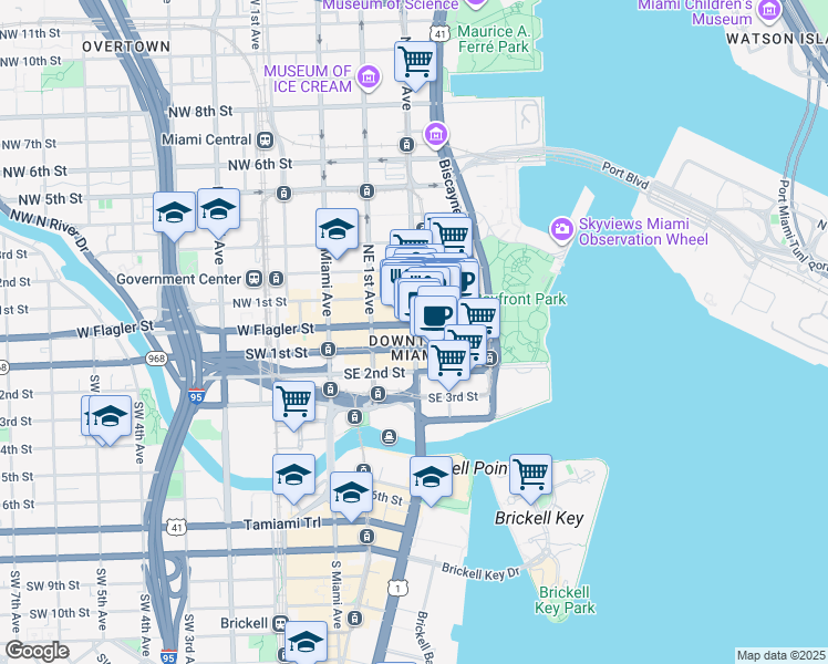 map of restaurants, bars, coffee shops, grocery stores, and more near 100 Northeast 2nd Avenue in Miami