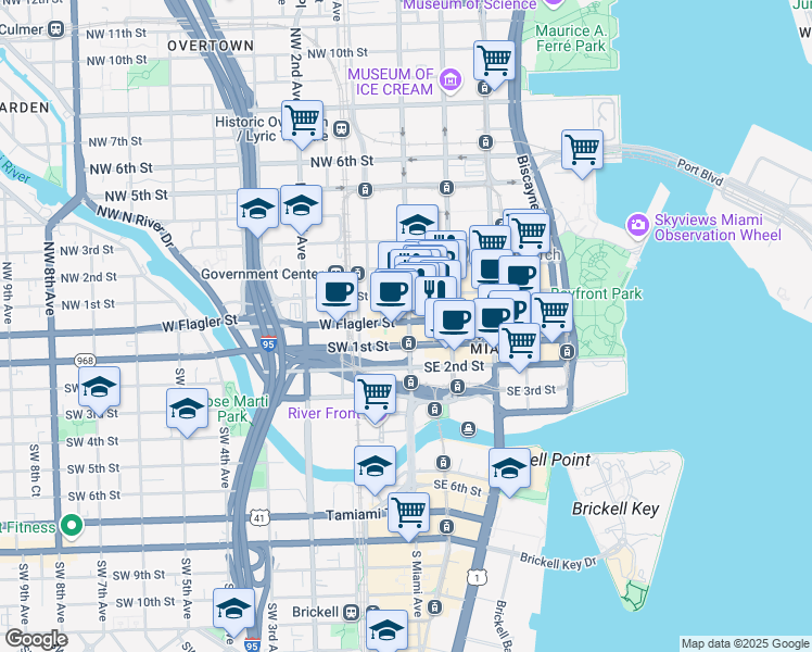 map of restaurants, bars, coffee shops, grocery stores, and more near 27 East Flagler Street in Miami