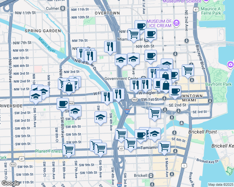 map of restaurants, bars, coffee shops, grocery stores, and more near 25 Northwest North River Drive in Miami