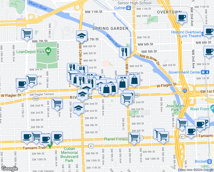 map of restaurants, bars, coffee shops, grocery stores, and more near 65 Northwest 10th Avenue in Miami