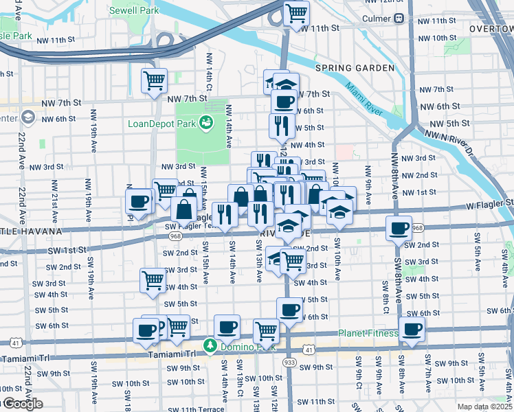 map of restaurants, bars, coffee shops, grocery stores, and more near 1337 Northwest 1st Street in Miami