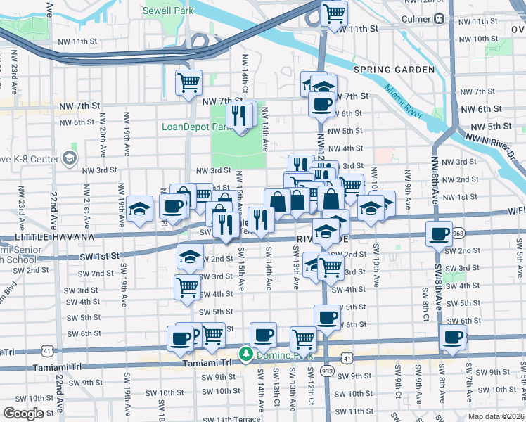 map of restaurants, bars, coffee shops, grocery stores, and more near 1421 Northwest 1st Street in Miami